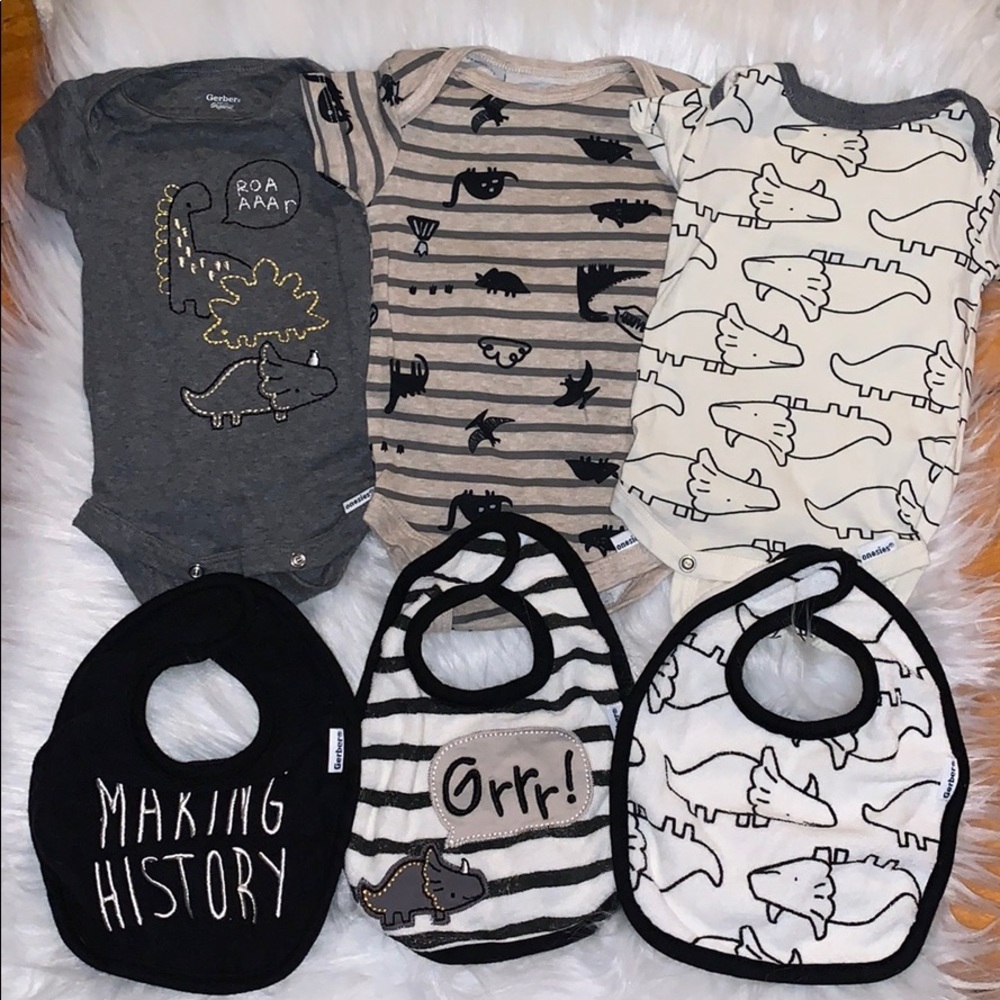 3 Gerber Onesies - Dino Themed w/ Matching Bibs!